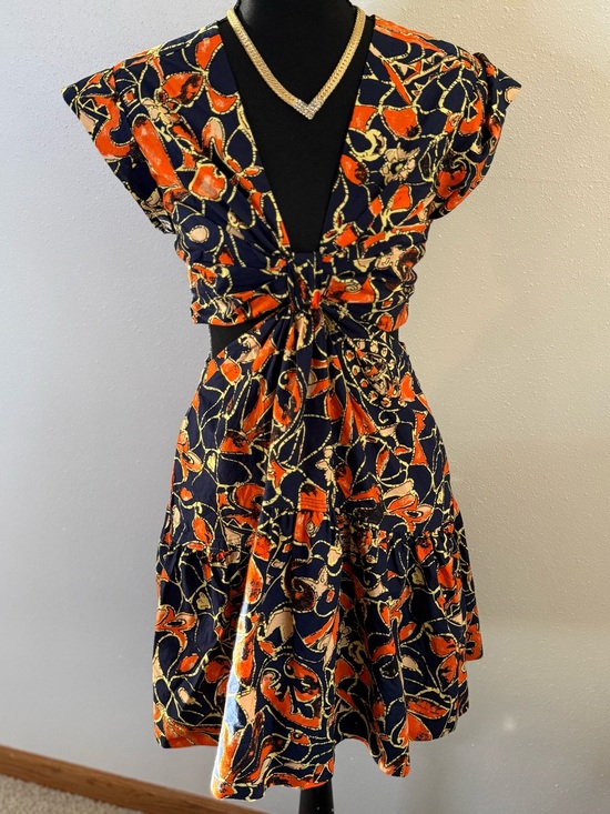 A.L.C. Dresses & Skirts - A.L.C. Printed Cotton Dress Size 2 Navy Orange Boho Tie Front Mini